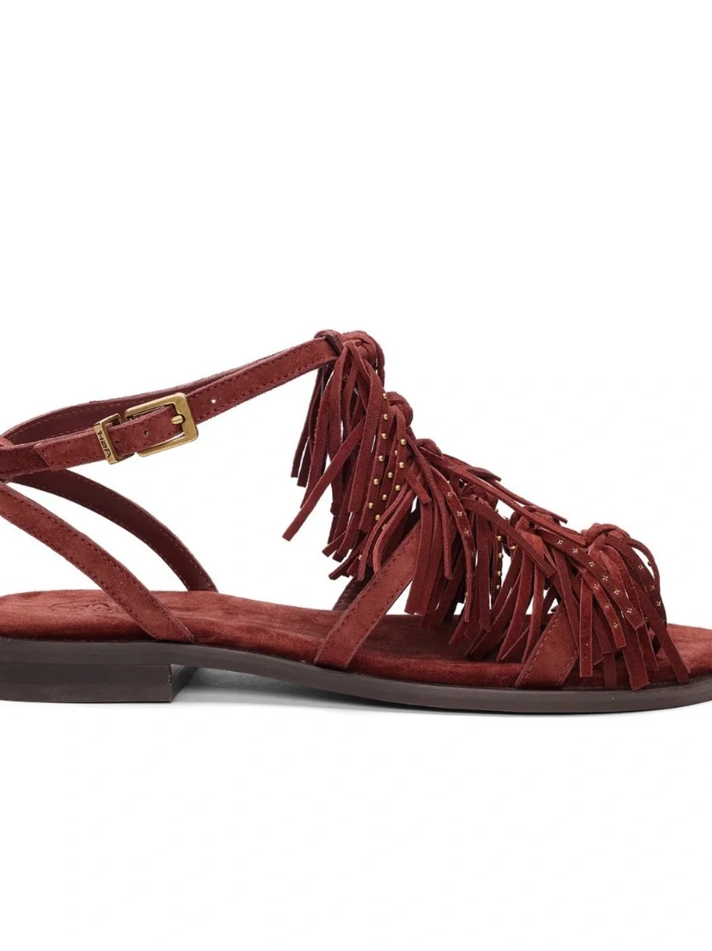 ASH PANIC ROUND Toe flat Fringe Suede Leather Sandal - Burgundy Marsala NEW